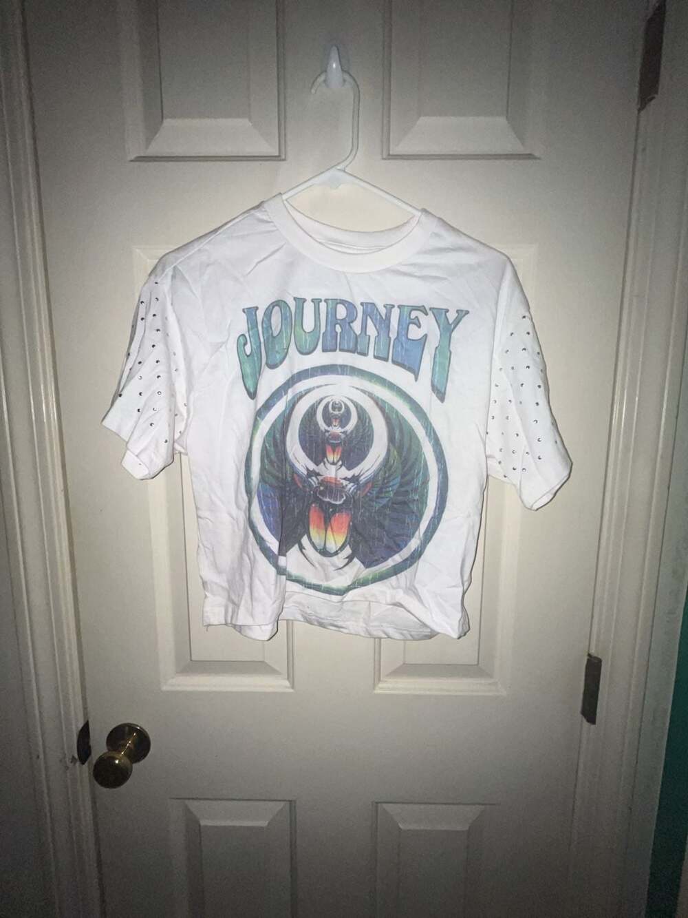 Journey Band Crop Top Size M White Studded Sleeve Tee Shirt
